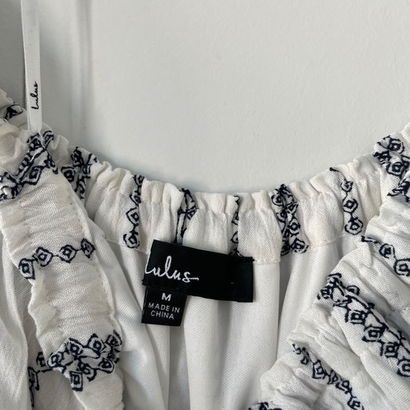 Off the Shoulder Striped White and Blue Romper - Picture 4 of 6